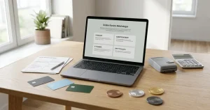 Kort, banköverföring, e-plånbok och flera abstrakta kryptotillgångar ordnade kring en laptop