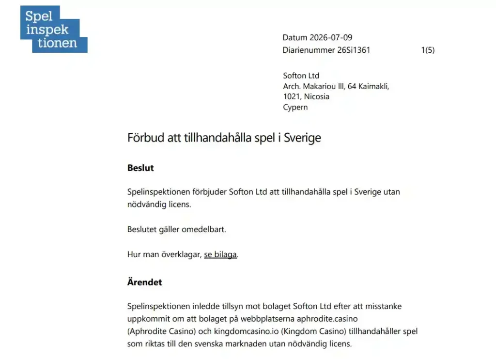Spelinspektionens beslut med Softon Ltd och beslutsdatum synliga i dokumenthuvudet
