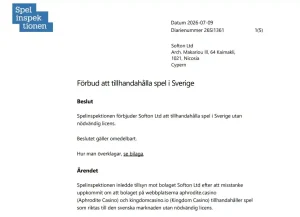Spelinspektionens beslut med Softon Ltd och beslutsdatum synliga i dokumenthuvudet