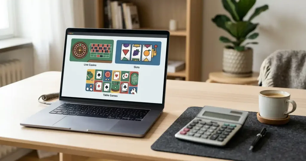 Neutrala casinospel symboliserade av en livebordsmiljö, abstrakta slotshjul och digitala spelbrickor utan varumärken