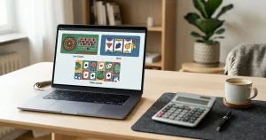 Neutrala casinospel symboliserade av en livebordsmiljö, abstrakta slotshjul och digitala spelbrickor utan varumärken